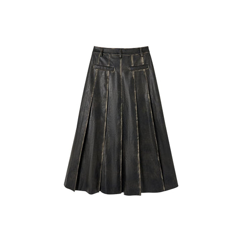 Black Leather Pleated Long Skirt - Brush-Off Elegance