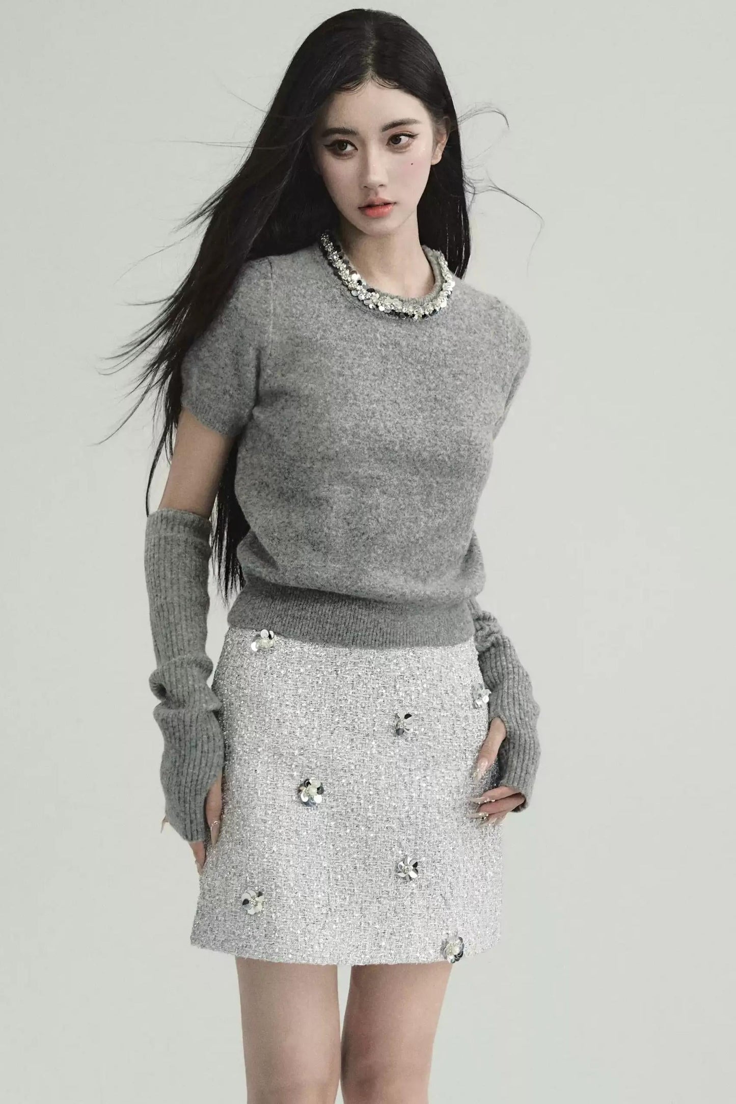 Starlit Nights Embellished Mini Skirt - Silver Sparkle with Crystal Flowers