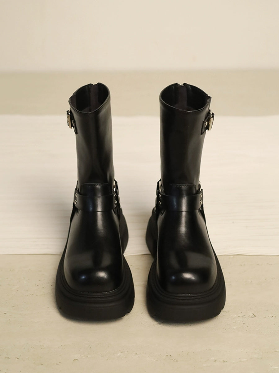 Western Buckle Straps Chunky Heeled Side Zip Boots