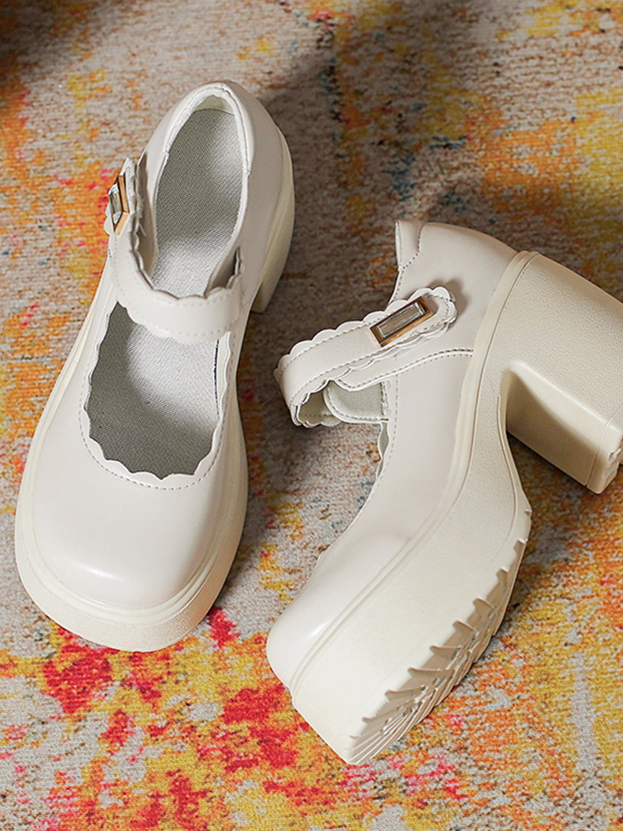 White Buckle Decor Platform Chunky Heel Wave Mary Janes Shoes