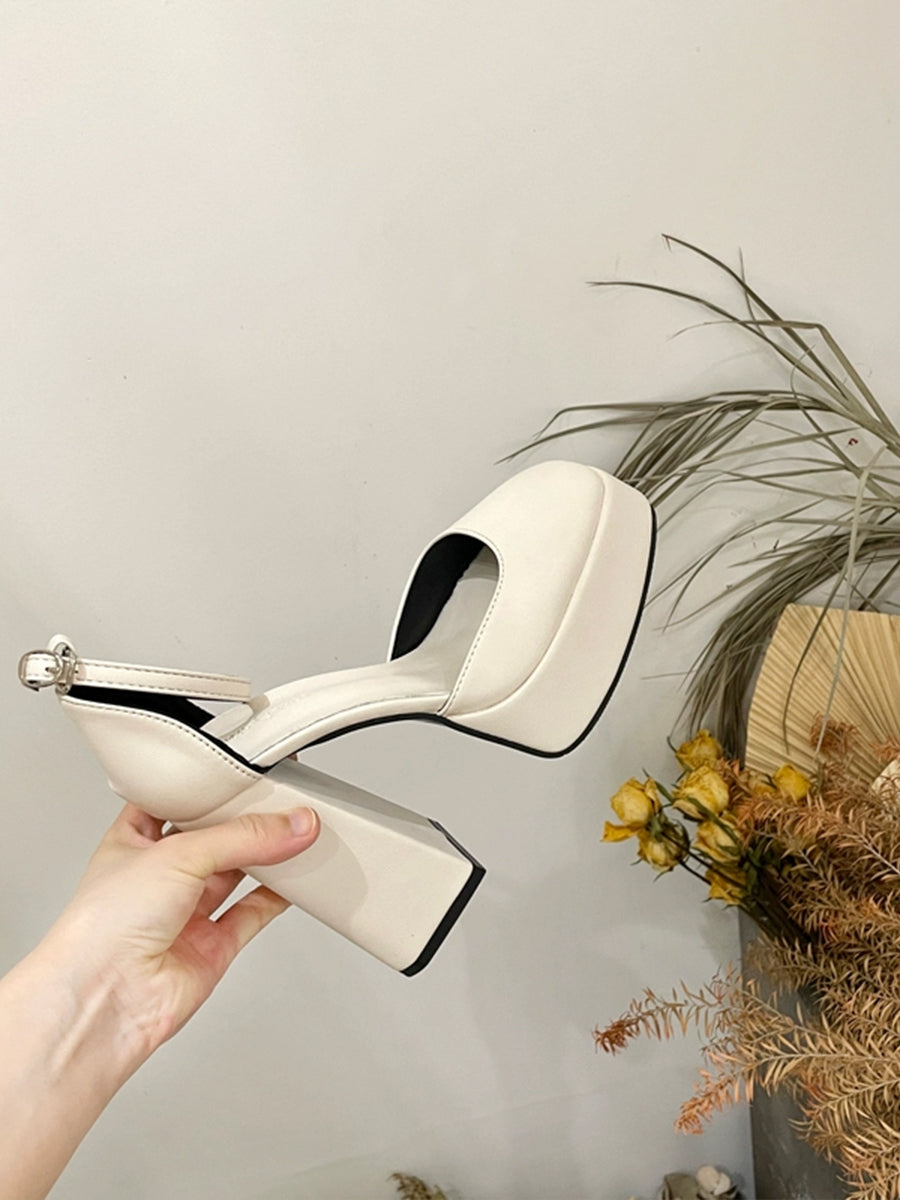 Solid Color Platform Block High Heels Ankle Strap Slingback Pumps