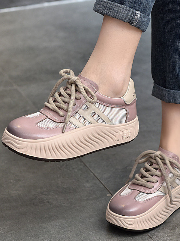Simple Splicing Lace-up Leather Thick-soled Shoes