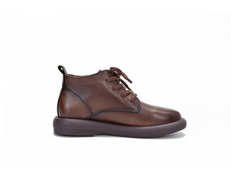 Versatile Leather Round Toe Flat Heel Short Boots