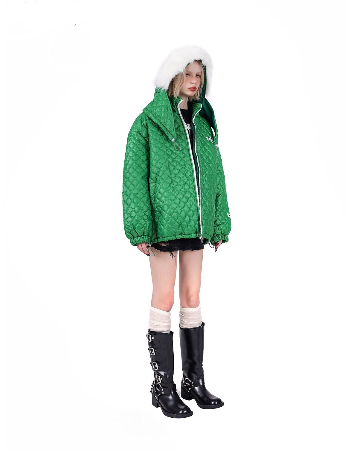 PINKSPINK Quilted Fur-Trimmed Puffer Jacket - Green and Black