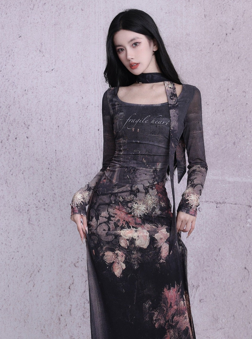 Enchanting Midnight Bloom Maxi Dress: Long-Sleeve Bodycon with Vintage Floral Print and Choker Detail