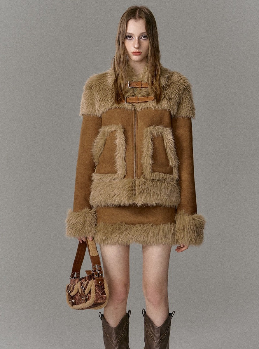 Suede Fur Skirt And Jacket Two-Piece Set