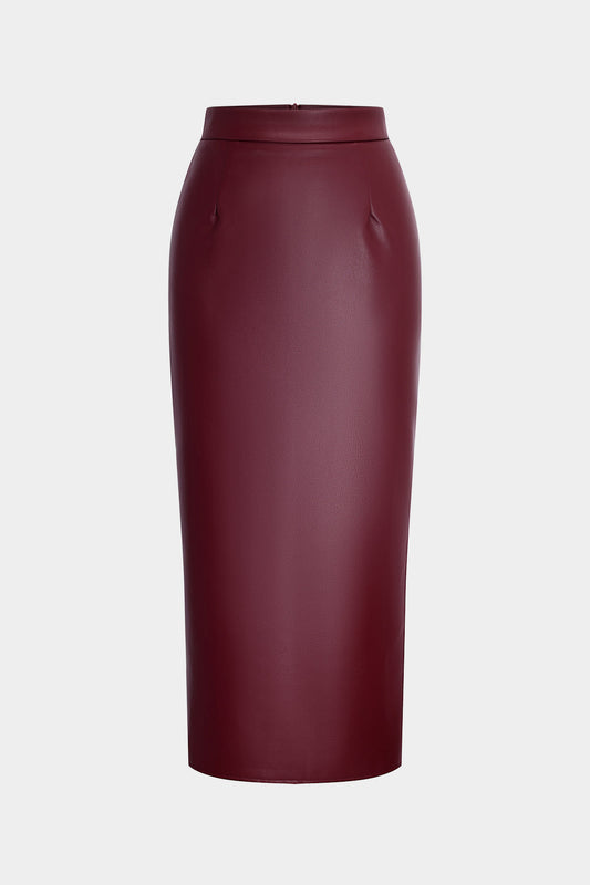 Basic Faux Leather Slit Skirt
