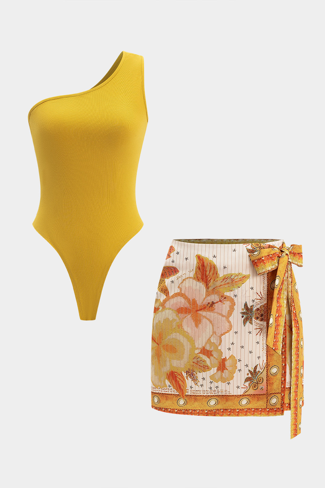 Asymmetrical Bodysuit And Floral Print Tie-Up Skirt Set