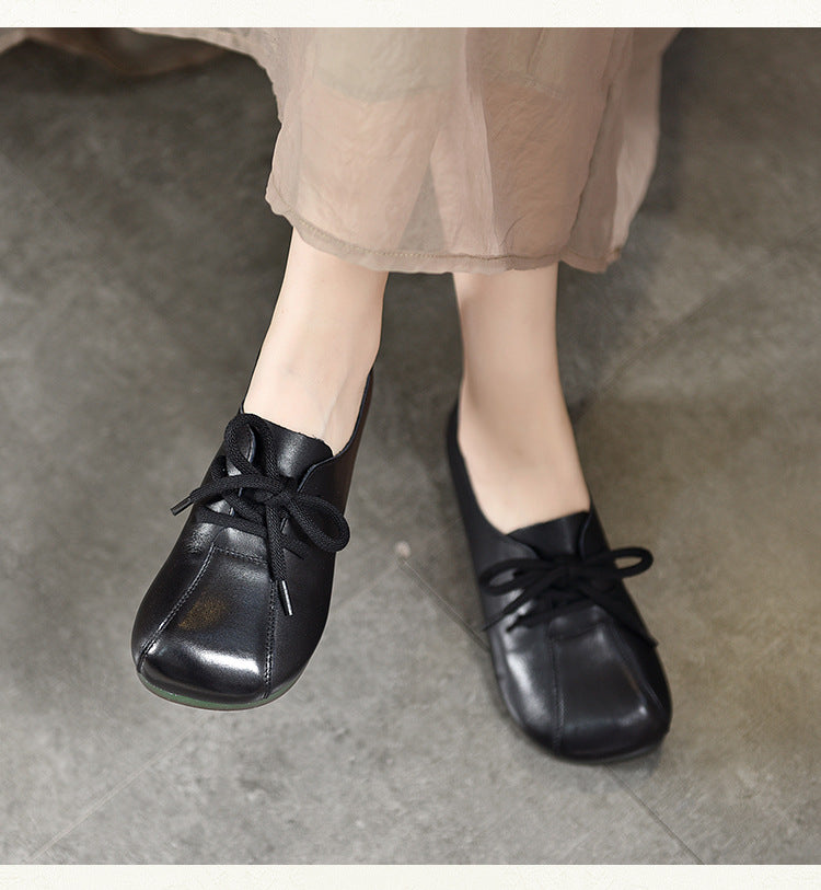 Casual Solid Color Round Toe Flat Leather Shoes