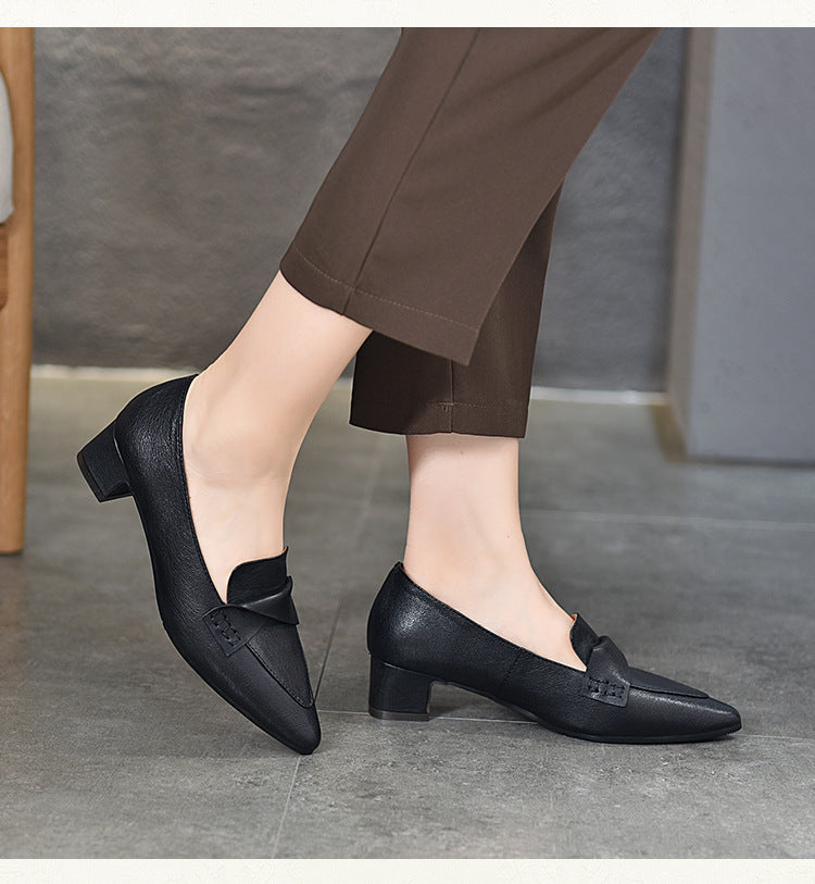 Classic leather Pointed-toe Chunky Heel Shoes