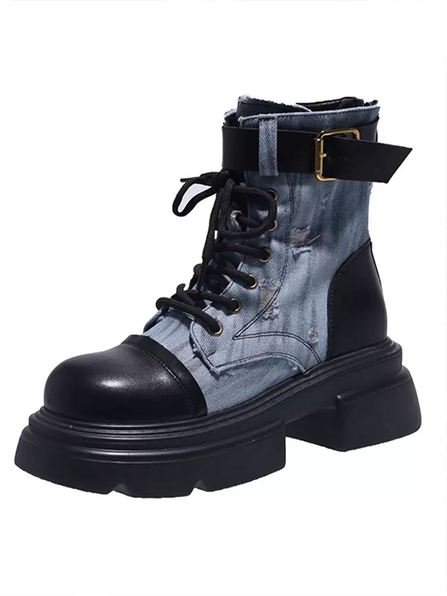 Western Vintage Ribbed Patchwork Sock Style Denim Slip Resistant Sole Chunky Heel Ankle Boots