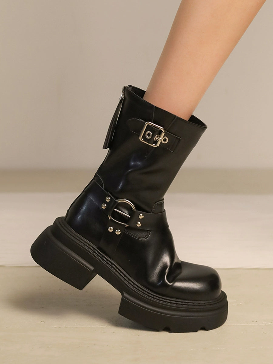 Western Buckle Straps Chunky Heeled Side Zip Boots