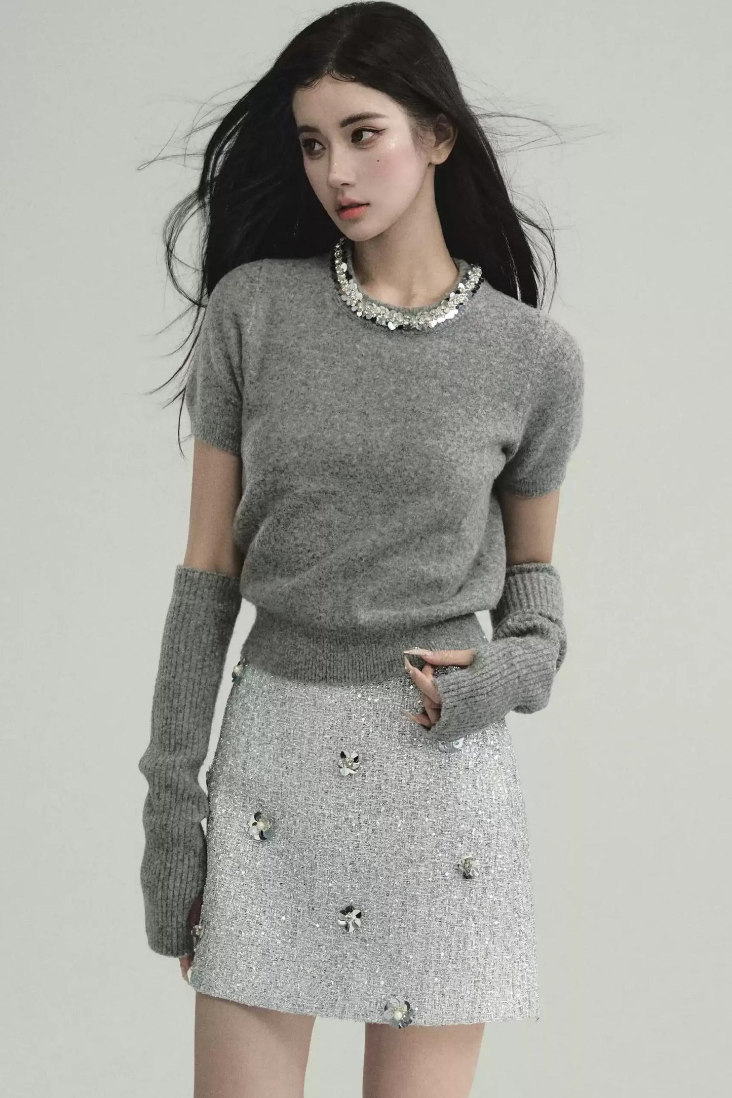 Starlit Nights Embellished Mini Skirt - Silver Sparkle with Crystal Flowers