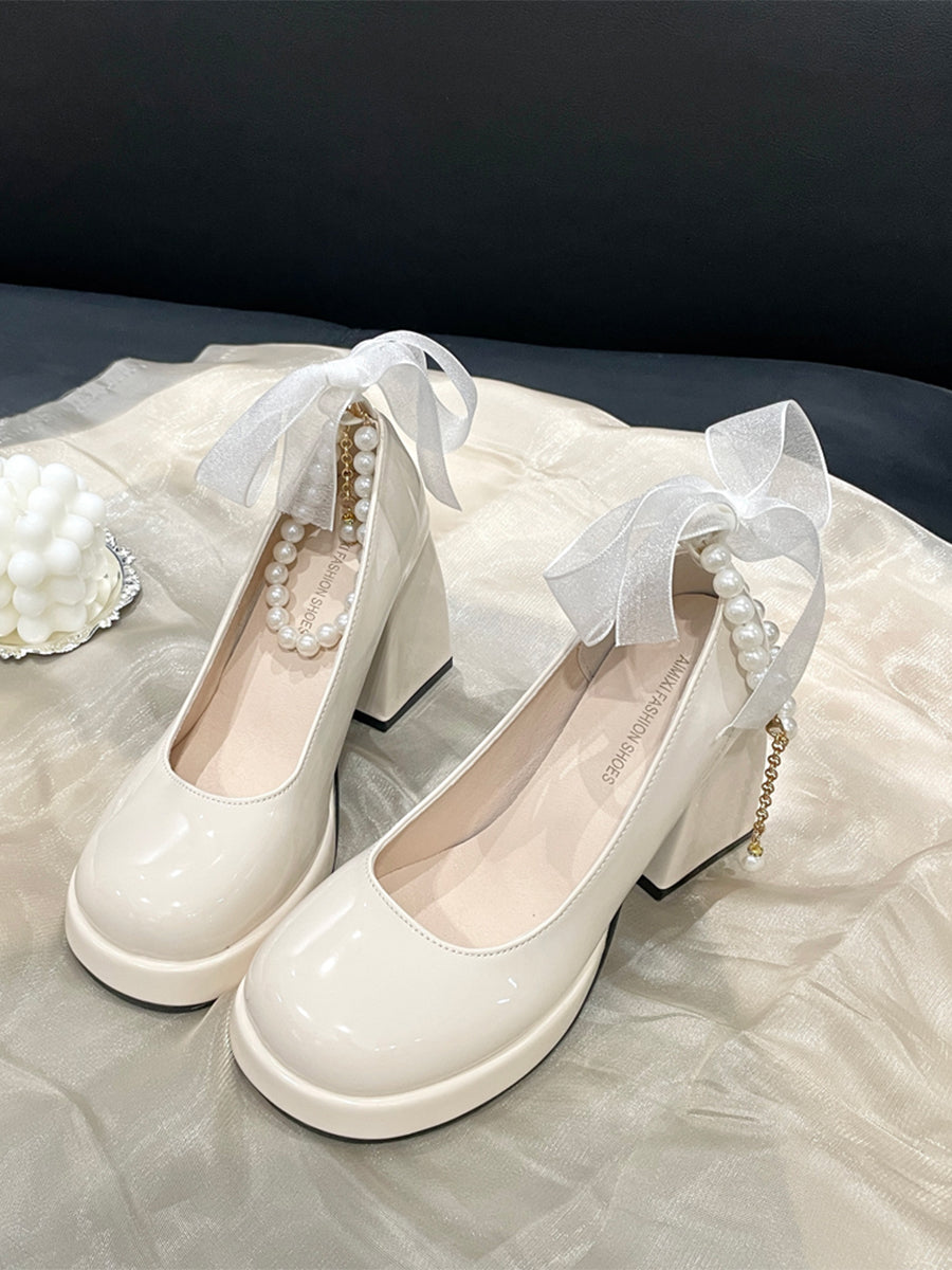 Round Toe Mary Jane Heels Shoes with Double Layered Pearls Chain