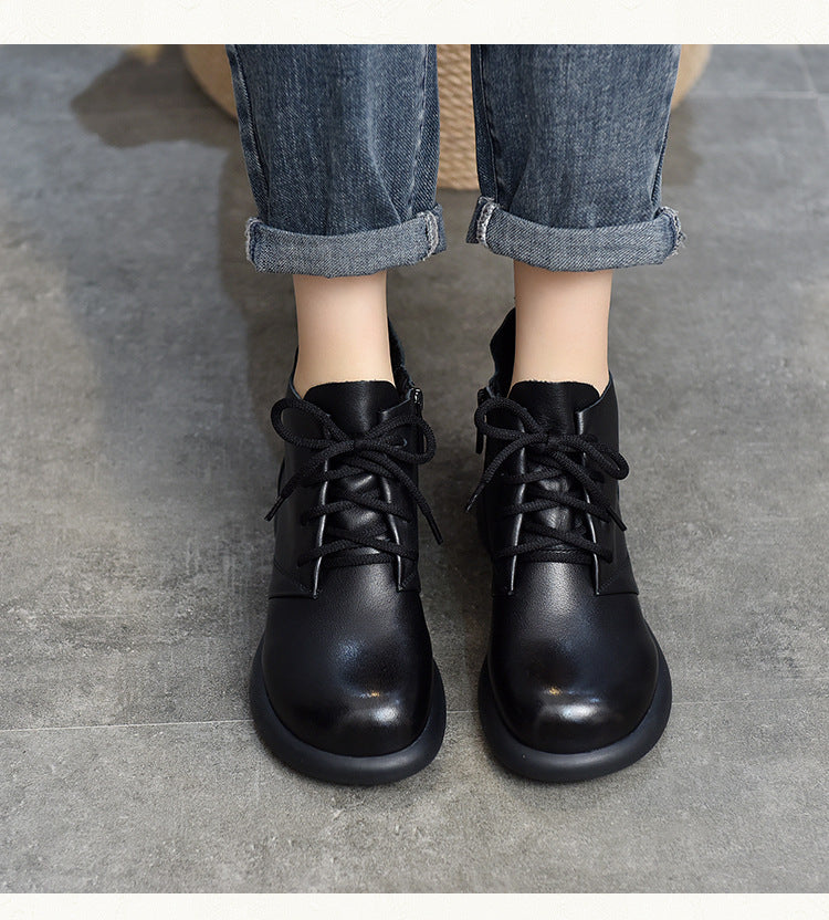 Vintage Leather Round Toe Lace-Up Boots