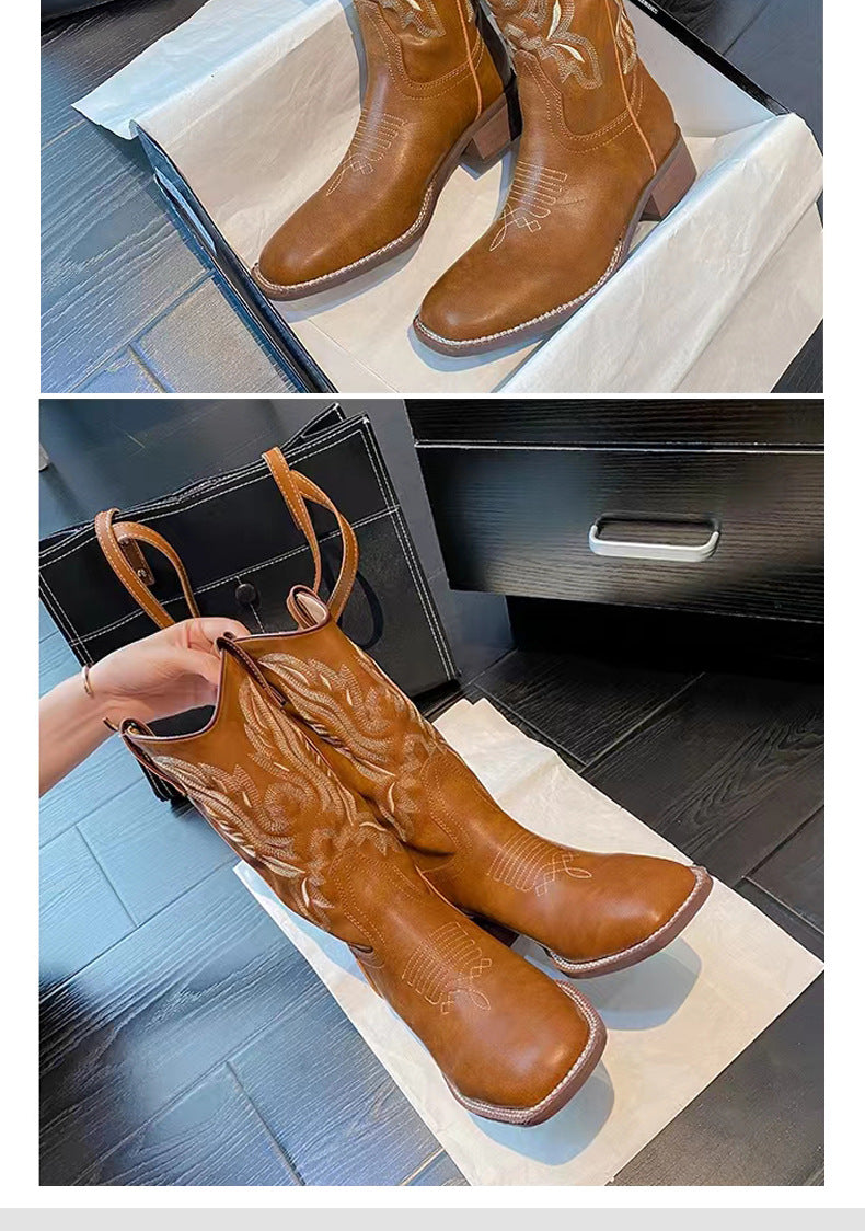 Vintage Embroidered Leather Knight Boots