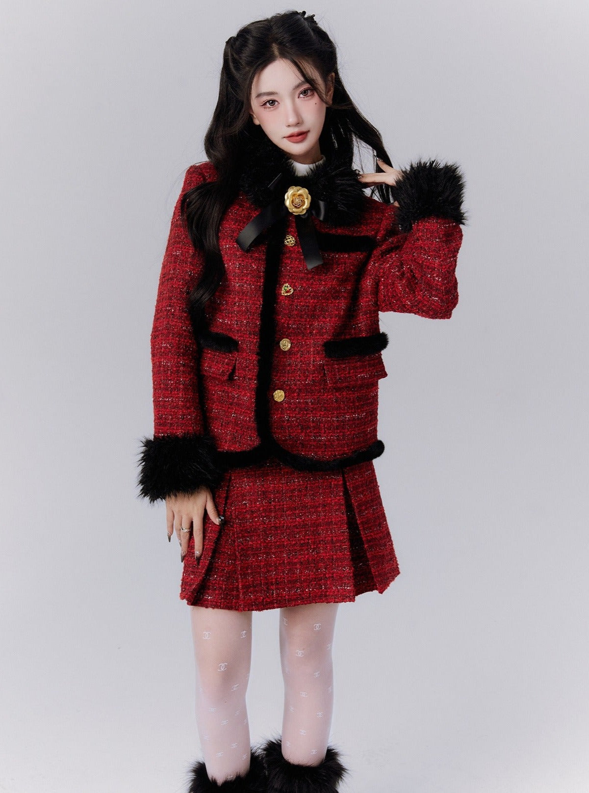 Luxe Burgundy Tweed Set: Fur-Trimmed Blazer and Pleated Mini Skirt