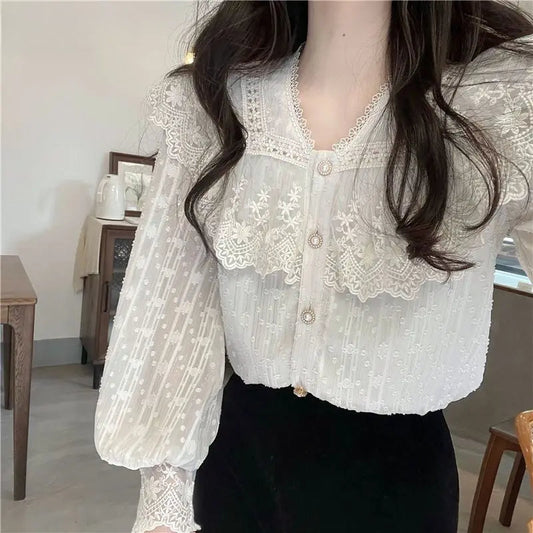 Lace Ruffle Edge Long Sleeve Blouse Sweet Blouse