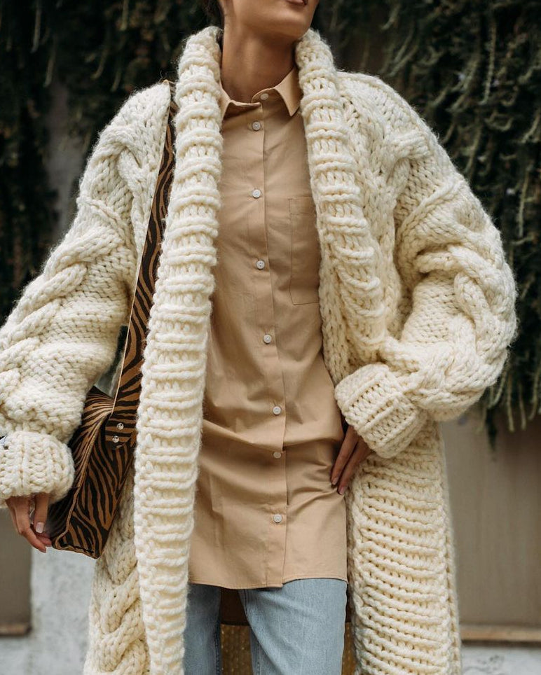 braided solid color sweater coat