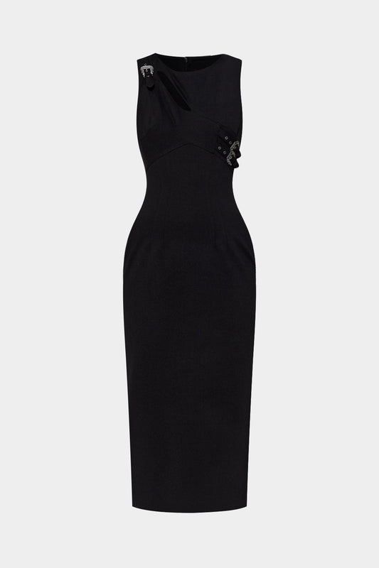 Asymmetrical Metallic Buckle Zipper Sleeveless Maxi Dress