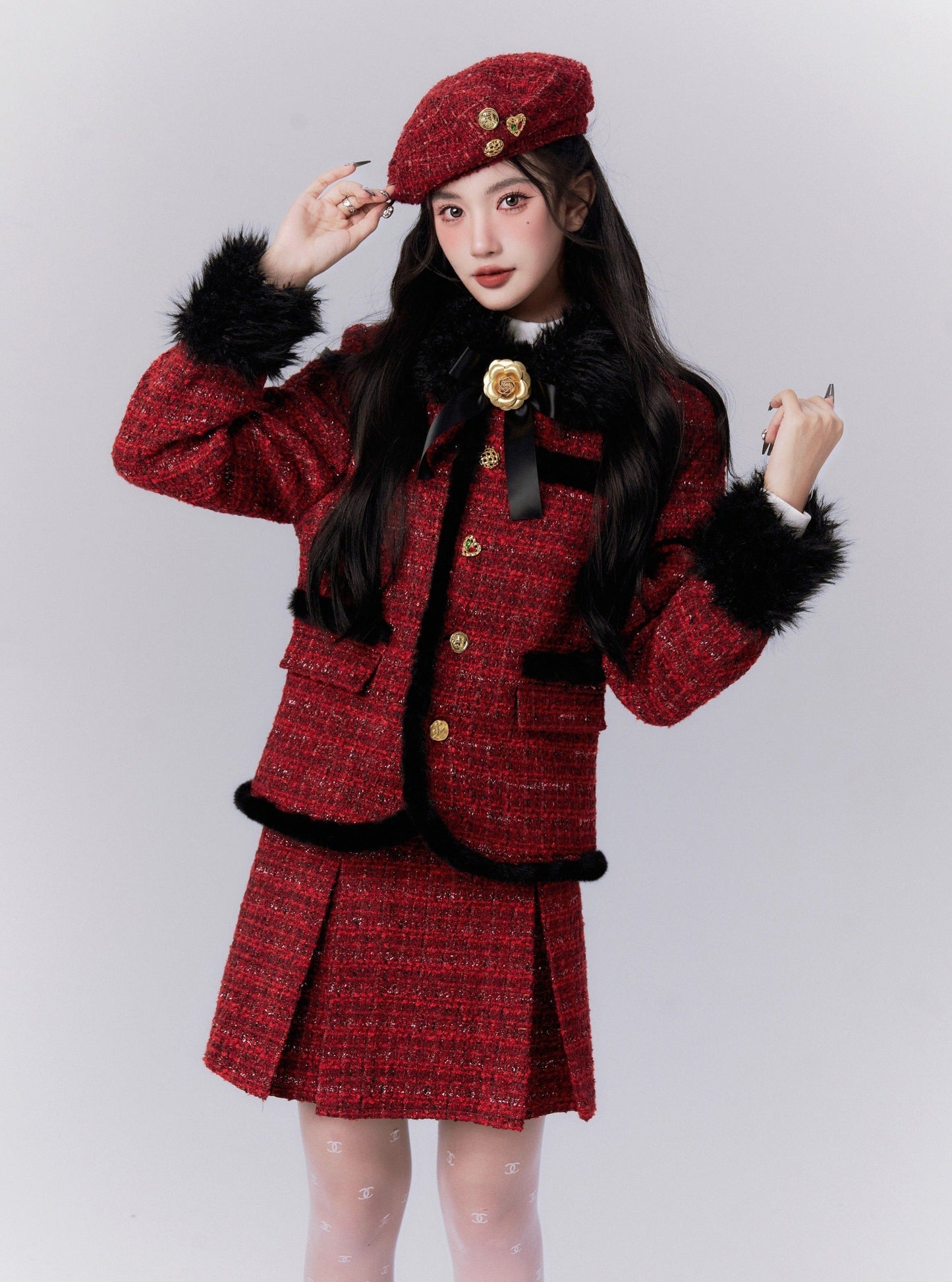 Luxe Burgundy Tweed Set: Fur-Trimmed Blazer and Pleated Mini Skirt