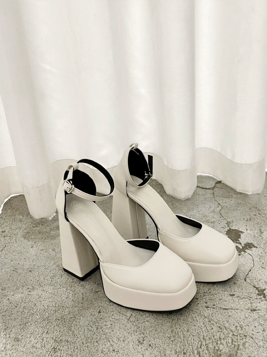 Solid Color Platform Block High Heels Ankle Strap Slingback Pumps
