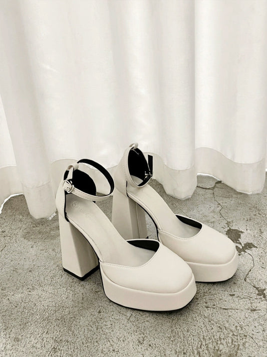 Solid Color Platform Block High Heels Ankle Strap Slingback Pumps