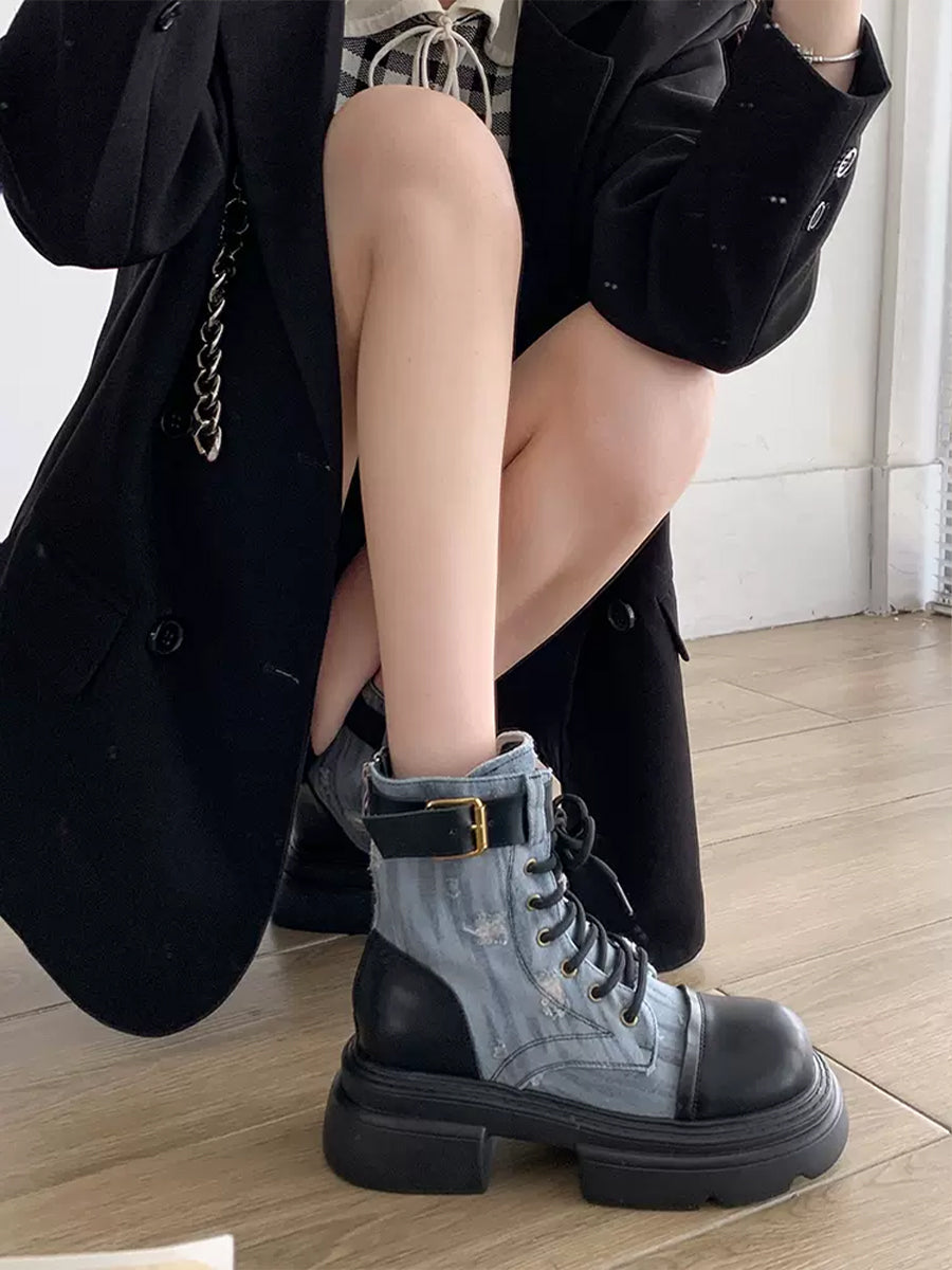 Western Vintage Ribbed Patchwork Sock Style Denim Slip Resistant Sole Chunky Heel Ankle Boots