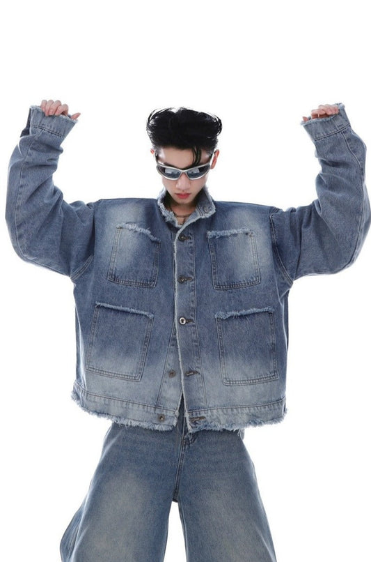 Distressed Denim Jacket With Multiple Pockets