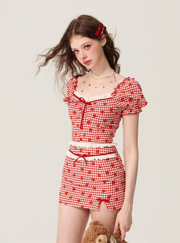 Berry Red Top And Short Skirt Set