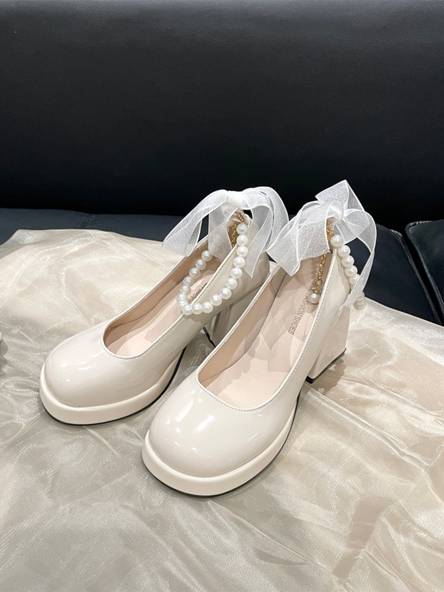 Round Toe Mary Jane Heels Shoes with Double Layered Pearls Chain