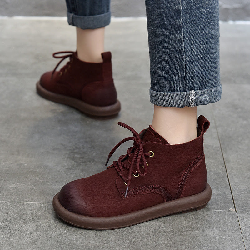 Simple Lace-up Leather Flat Shoes