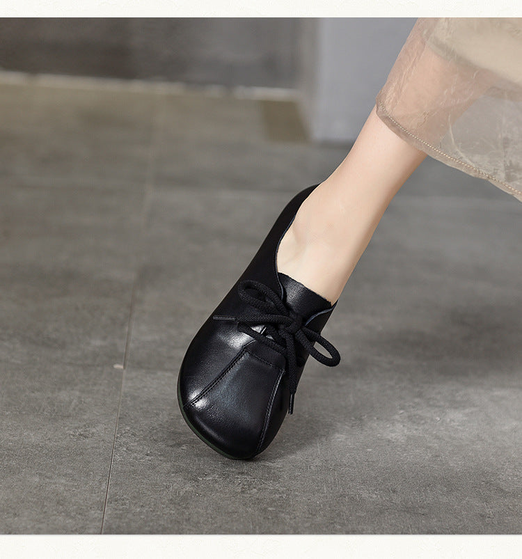 Casual Solid Color Round Toe Flat Leather Shoes