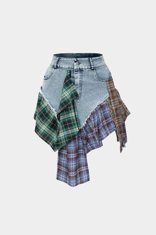 Asymmetric Patchwork Denim Mini Skirt