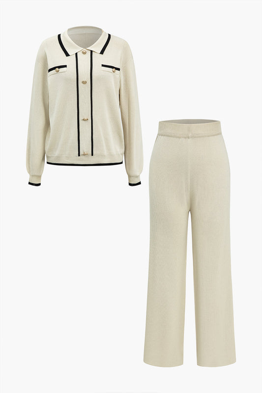 Color Block Sweater Button Top And Pants Set