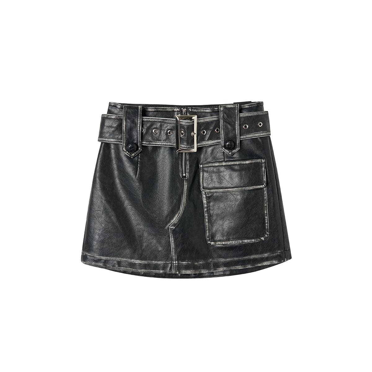 Black Distressed Leather Skirt With Heavy Washed Finish