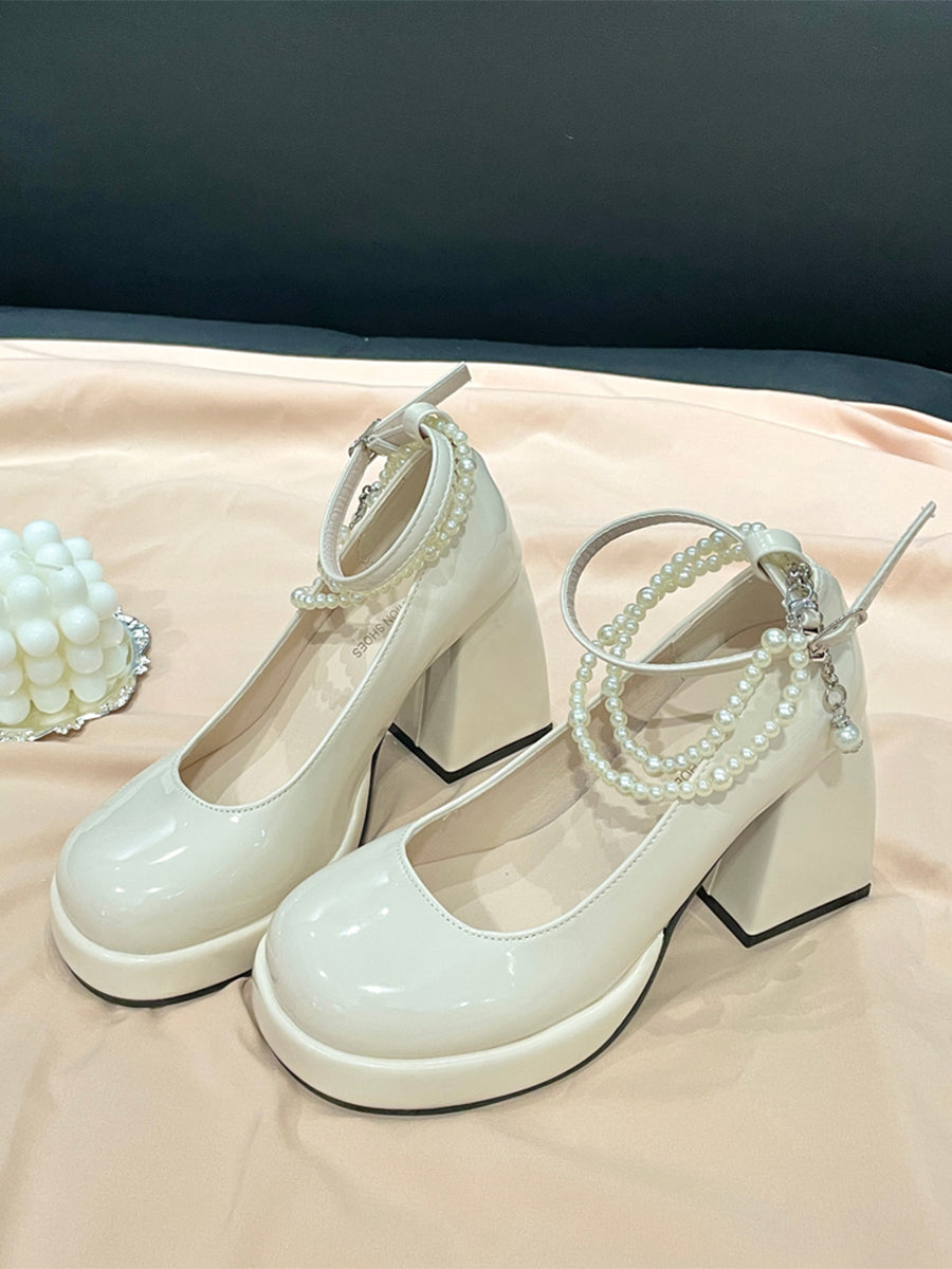 Round Toe Mary Jane Heels Shoes with Double Layered Pearls Chain