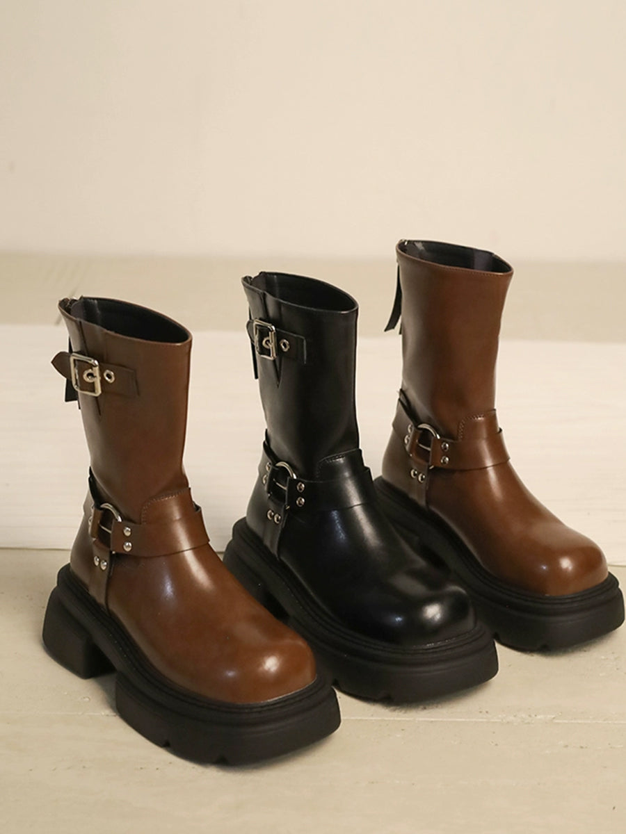 Western Buckle Straps Chunky Heeled Side Zip Boots