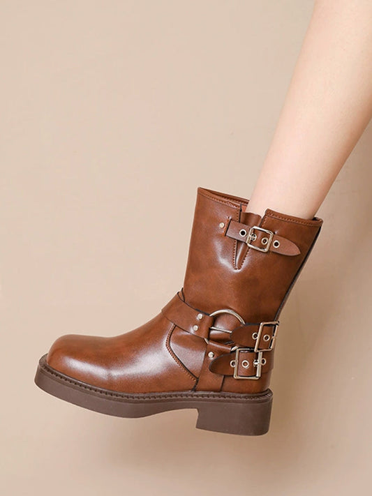 Western Buckle Straps Chunky Heeled Side Zip Boots