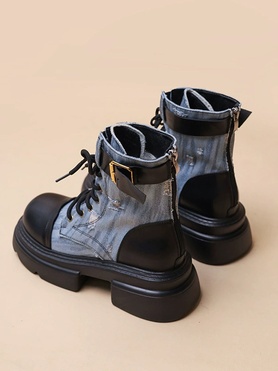 Western Vintage Ribbed Patchwork Sock Style Denim Slip Resistant Sole Chunky Heel Ankle Boots