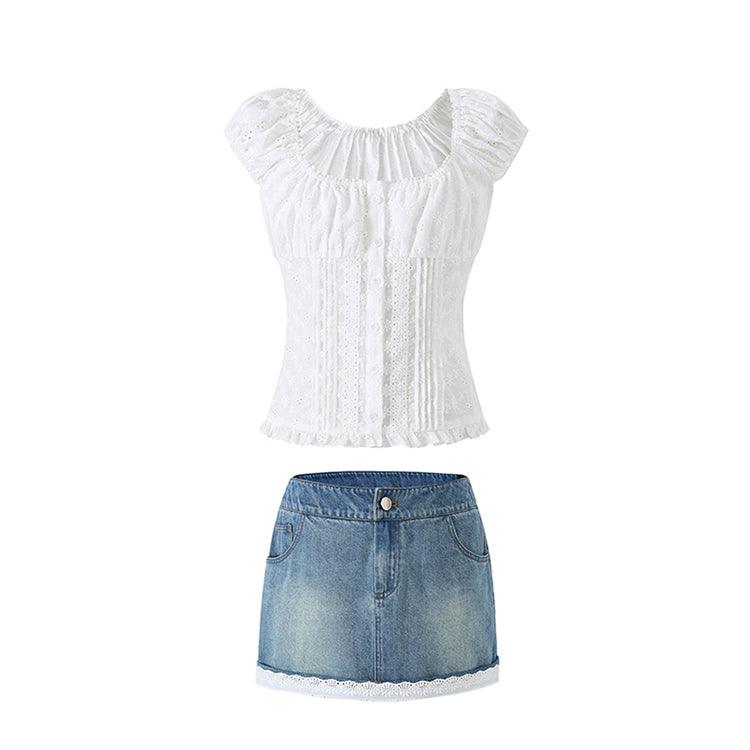 White Short Sleeve Button Up Lace Blouse & Denim Skirt Set