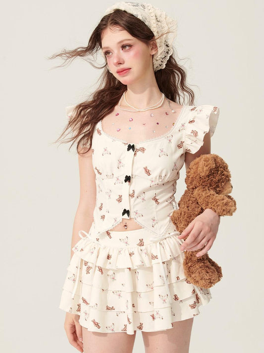 Adorable Bear-Themed Holiday Shirt And Skirt Set With Flutter Sleeves