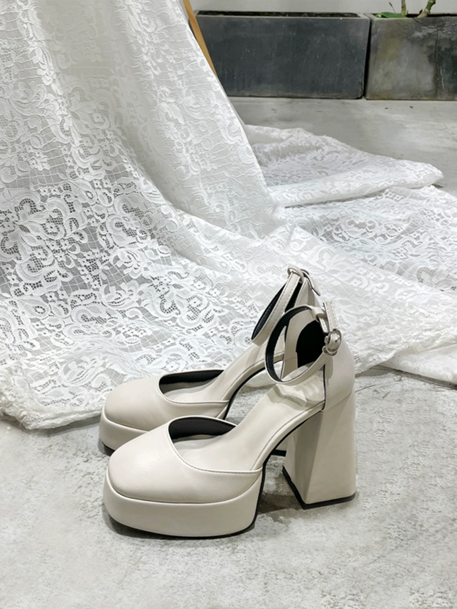 Solid Color Platform Block High Heels Ankle Strap Slingback Pumps