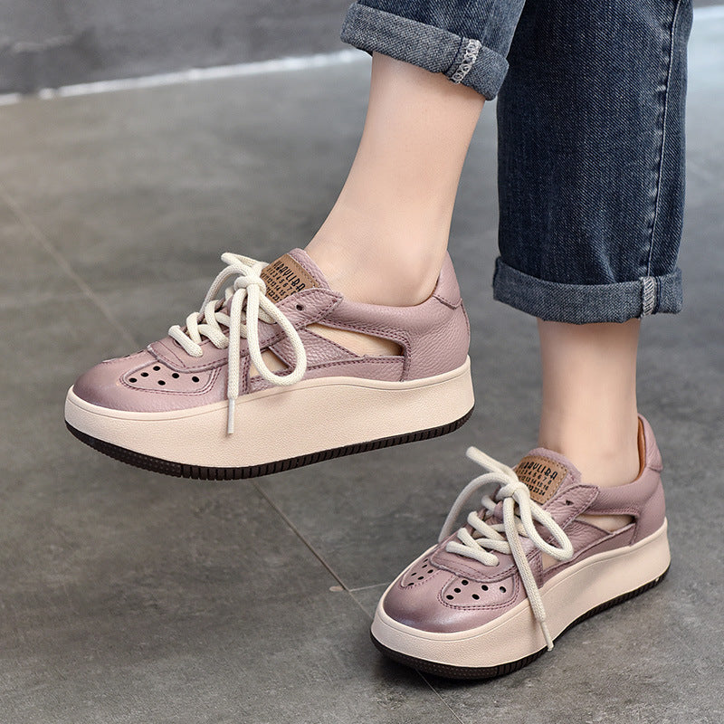 Casual Color Blocking Leather Thick Soled Shoes