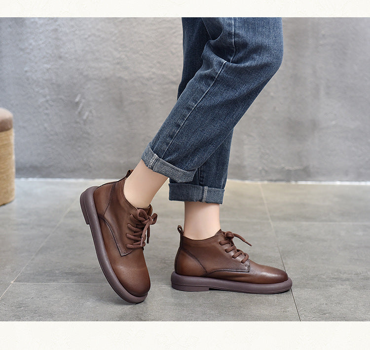 Versatile Leather Round Toe Flat Heel Short Boots