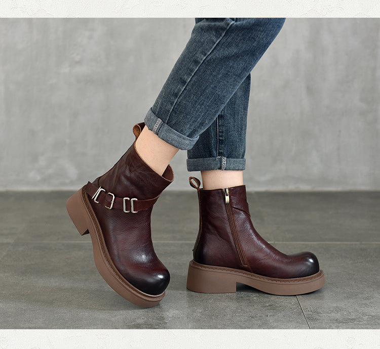 British Style Leather Thick Bottom Short Boots