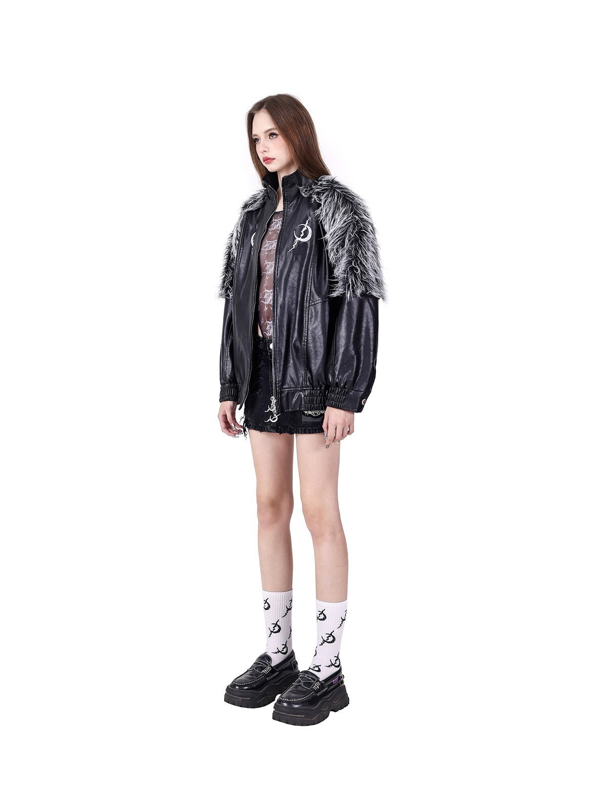 PINKSPINK Gothic Lunar Bomber Jacket - Black with Faux Fur