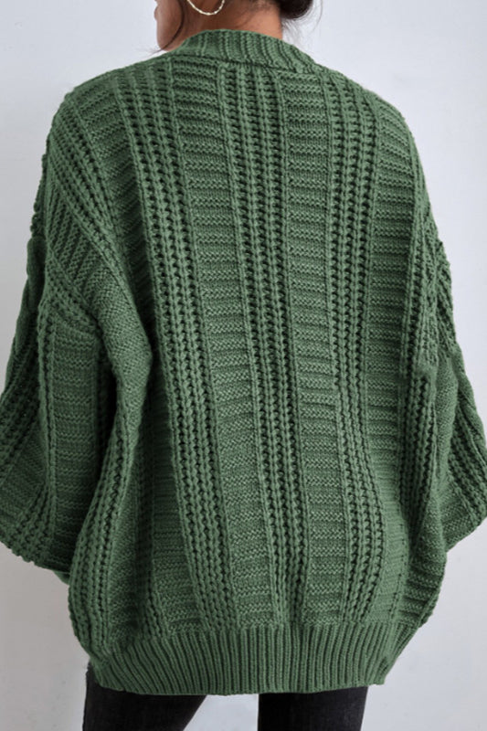 V-Neck Vintage Cable Knit Balloon Sleeve Cardigan