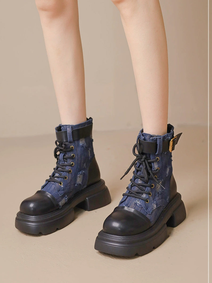 Western Vintage Ribbed Patchwork Sock Style Denim Slip Resistant Sole Chunky Heel Ankle Boots