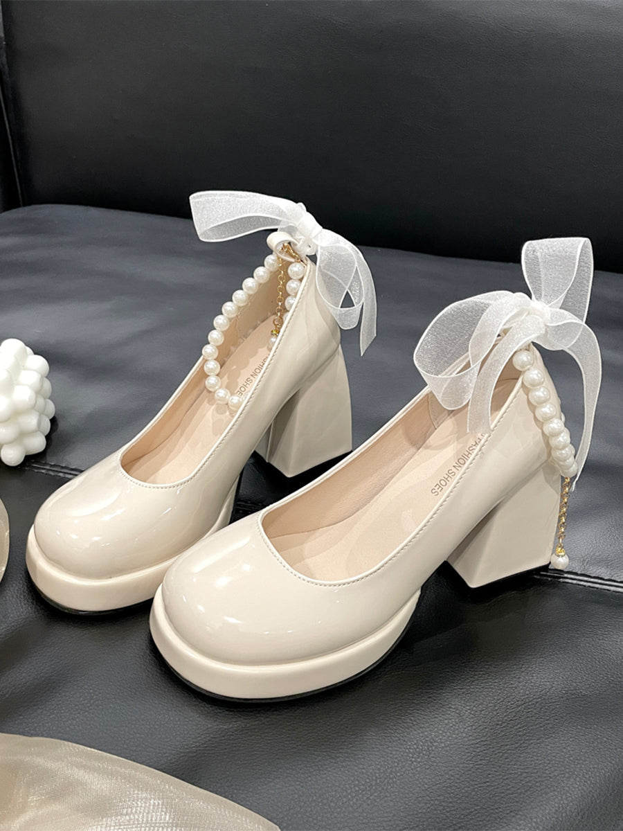 Round Toe Mary Jane Heels Shoes with Double Layered Pearls Chain